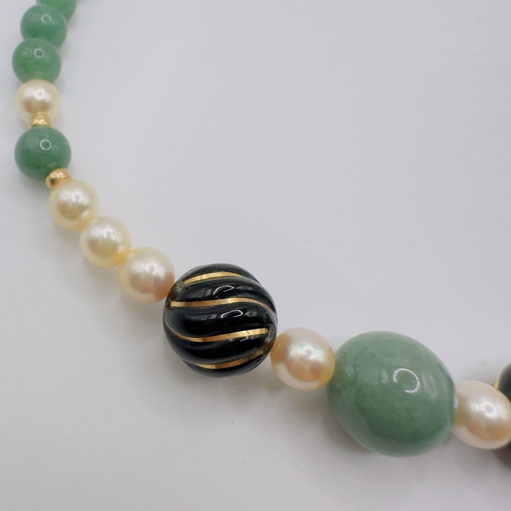 Artisan Gemstone & Pearl Necklace Black Gold Swirl Bead Statement Necklace 18" - Picture 9 of 13